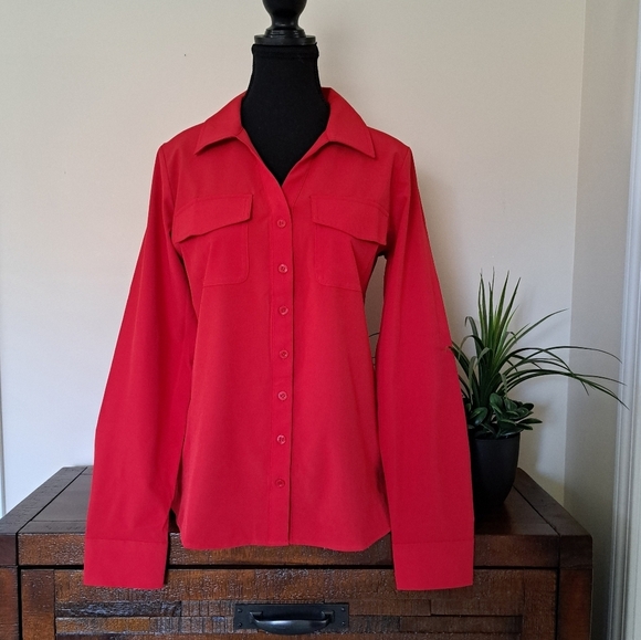 Calvin Klein Jeans Red Blouse Women's Small Travel Shirt Lightweight Collared - Picture 10 of 10